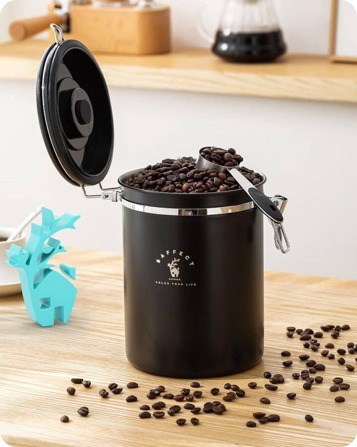 Koffieblik luchtdicht 624 g 1 8 liter koffiepoederblik met lepel en datumweergave roestvrijstalen koffieblik voor koffiebonen (zwart)