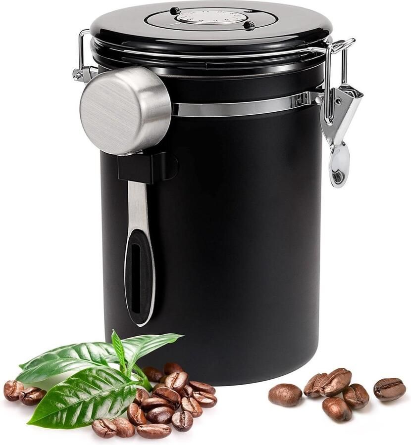 Koffieblik luchtdicht van roestvrij staal 18 l aromadoos koffievoorrraaddoos stalen lepel voor koffiebonen en thee zwart