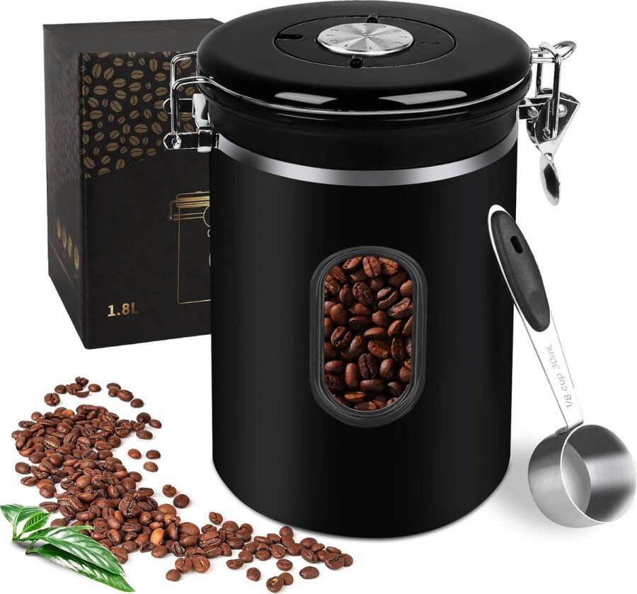 Koffieblik luchtdichte opslagtanks van roestvrij staal 1 8 l vacuüm koffieblik koffiebonen container van roestvrij staal met visueel venster CO2-ventiel en doseerlepel langer en vers duurzame