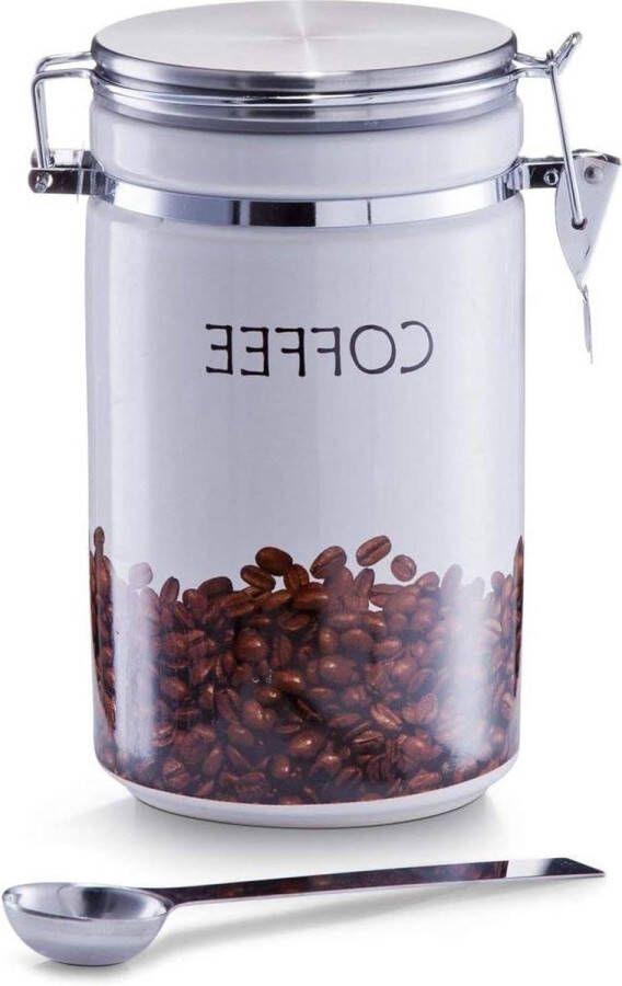 Koffieblik met lepel van aardewerk en roestvrij staal 19814