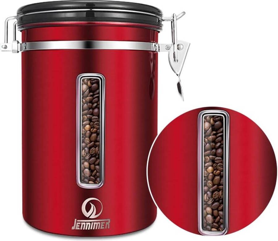 Koffiebus Grote 1 8 l 650 g roestvrijstalen koffieopslagcontainer transparant venster bewaar verse koffiebonen datumtracker CO2-afgifteklep en maatschep (rood)