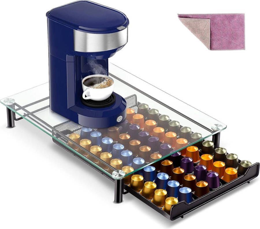 Koffiecapsulehouder lade voor de top van 60 Nespresso capsules capsule top box met gehard glazen bovenkant ideaal voor thuis keuken kantoor met 1 poetsdeur