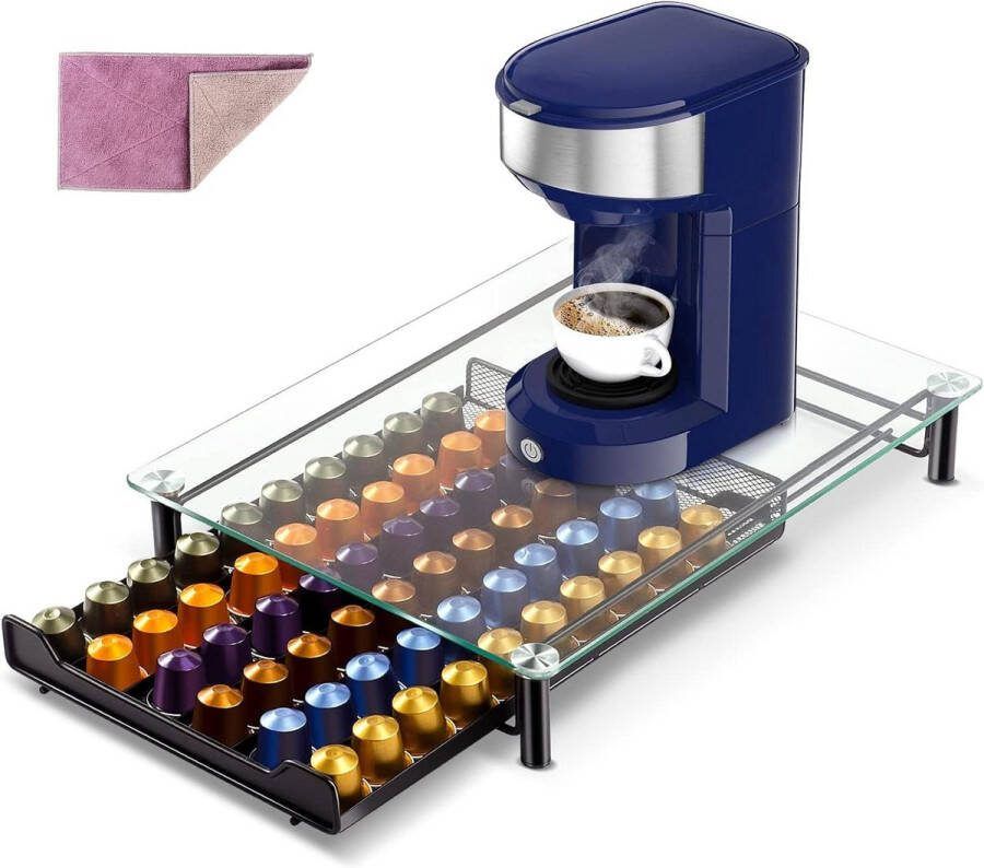 Koffiecapsulehouder met schuifladen Bewaart 60 capsules Capsuleopbergdoos met gehard glas Ideaal voor thuis keuken en kantoor Inclusief reinigingsdoekje Coffee Capsule Holder