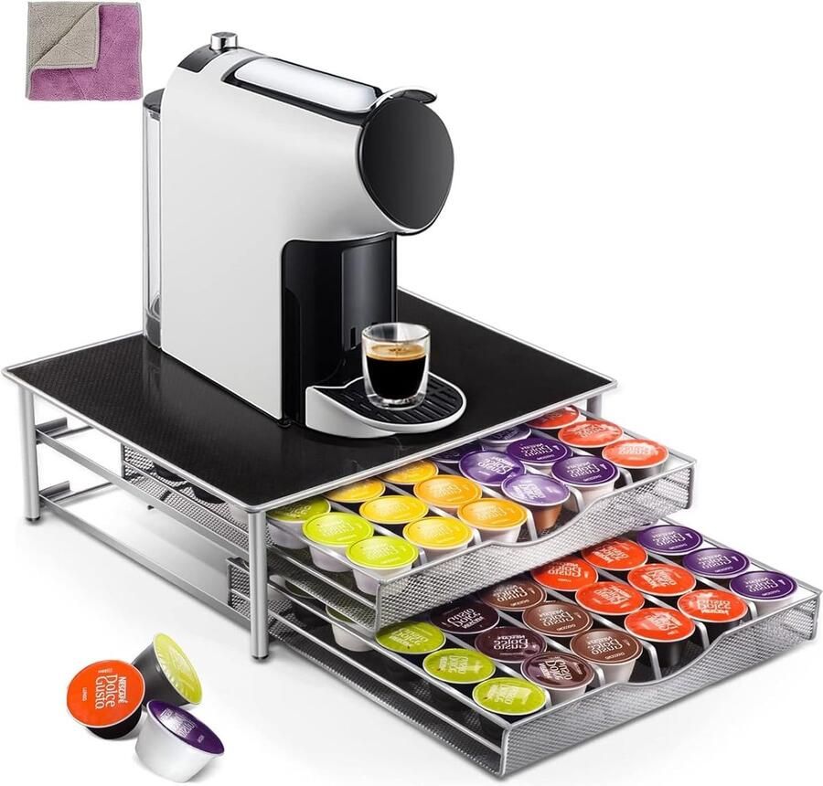Koffiecapsulehouder voor 72 capsules 2-laags capsuleopslag met dubbelzijdig doek antislip opbergdoos lade capsuledispenser voor capsules