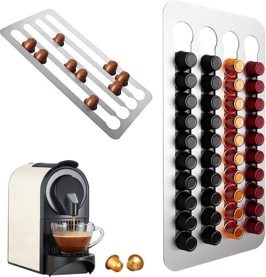 Koffiecapsules houderwand 405 x 22 cm roestvrij staal 3m plakstrips 4 rijen voor 40 koffiecapsules zonder boorhouder capsulehouder nespresso