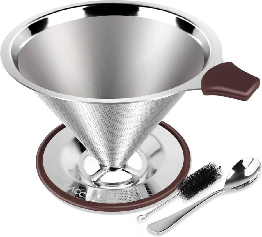 Koffiefilter professionele koffiefilter van roestvrij staal papierloos en herbruikbaar verbeterd dubbel microfilter met lepel en siliconen schaal reinigingsborstel (3-4 kopjes)