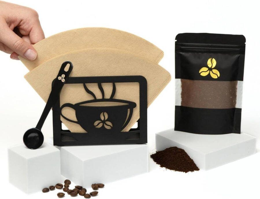 Koffiefilterhouder Dispenser voor maximaal 100 papier filters Keuken Zwart metalen afwerking Gratis lepel