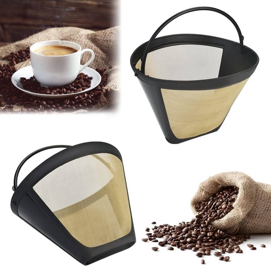 Koffiefilters 2 stuks koffiefilter roestvrij staal koffiefilter mesh mand wasbaar goudkleurig herbruikbaar plastic permanente koffiefilter met handvat voor de meeste koffiemachines