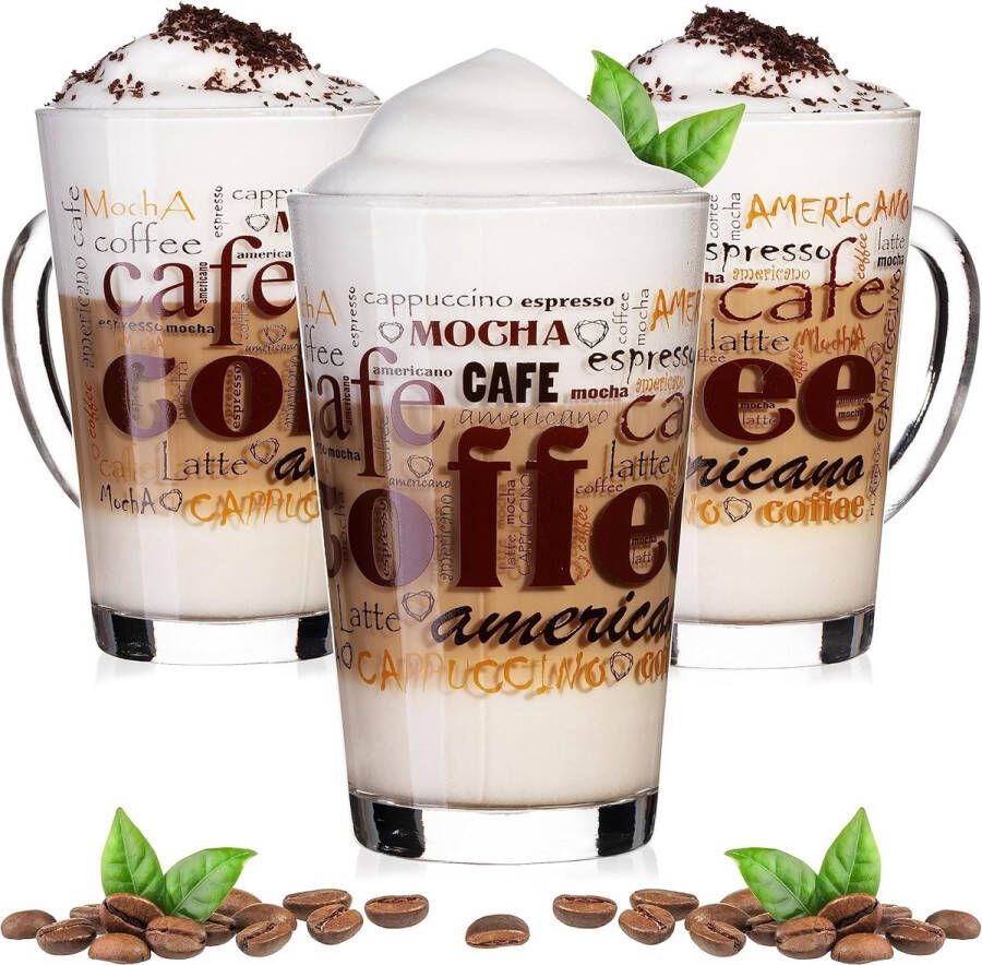 Koffieglazen met motief max. 350 ml set 3-delig van glas latte macchiato glazen met handvat cappuccino glazen