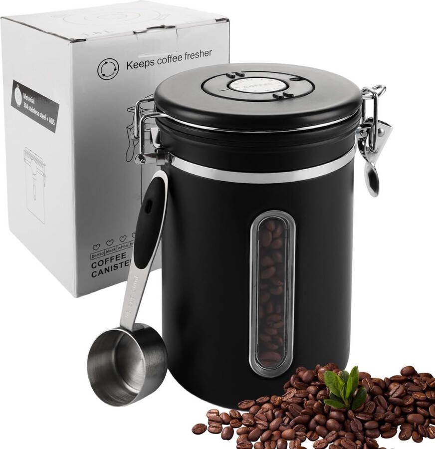 Koffiekan van 1 8 liter luchtdicht zwarte koffiebonencontainer koffiekan met roestvrijstalen lepel koffiecontainer met datumregistratie voor koffiebonen koffiepoeder thee cacao