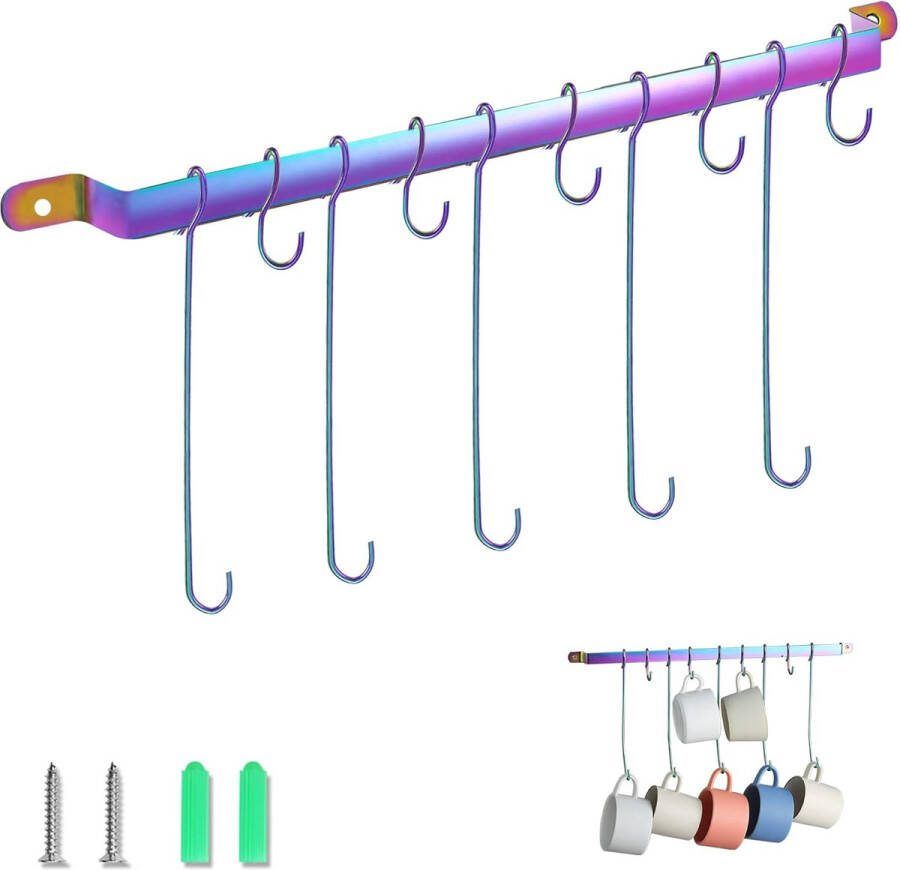 Koffiekophouder regenboog titanium coating bekerhouder wandrek voor keuken eetkamer wandmontage keukenrail met 5 lange haken en 5 korte haken