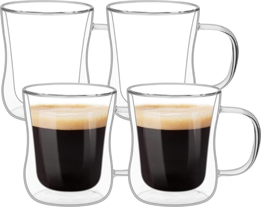 Koffiekopjes met Oor 350ML Hittebestendig Met Handvat. Geniet van je favoriete warme of koude dranken met deze geïsoleerde thermobekers van hoogwaardig borosilicaatglas