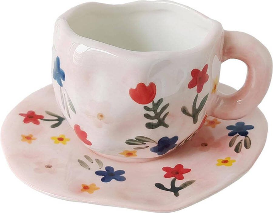 Koffiekopjes set met schotel schattige roze bloemen mok geschenken voor vrouwen verjaardag 250 ml keramische thee koffie beker met schotel verjaardagscadeau voor vrouwen meisjes moeder