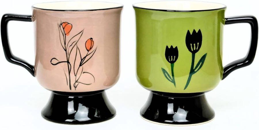 Koffiekopjes set van 2 van elk 400 ml met de hand getekend tulpenpatroon grote mokken in Franse retro voor Kerstmis huwelijkscadeaus verjaardagscadeau voor vrouwen