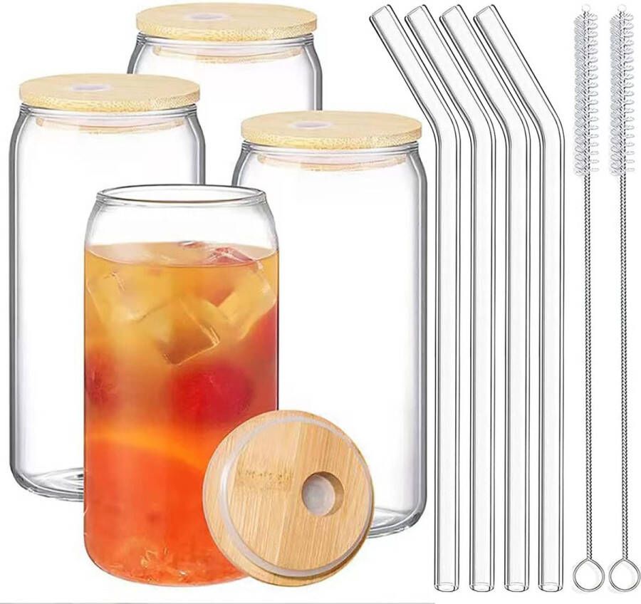 Koffiekopjes set van 4 drinkbekers met deksel en rietje glas met deksel en rietje 400 ml drinkglazenset bubble tea-bekers cocktailglazen borrelglazen ijskoffieglazen