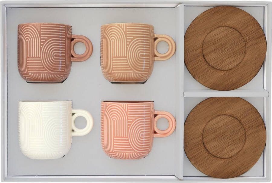EspressoKoffiekopjes set van 4- porselein 11cl 4 schotels acaciahout geschenkdoos