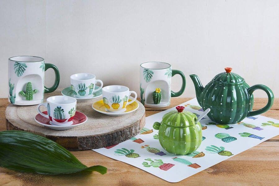 Koffiekopjes set van 6 stuks met schotel porselein meerkleurig Cactus thema koffiekopjes set van 6
