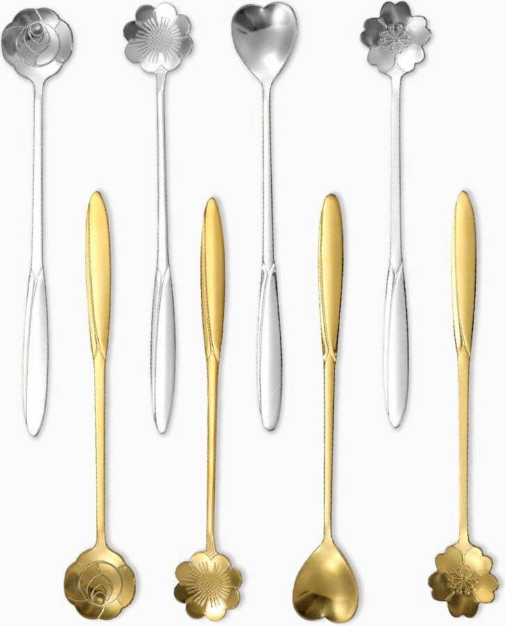 Koffielepel en mokkalepel 8-delige menglepel roestvrijstalen koffielepel creatief servies suikerlepel ijslepel (4 zilver 4 goud)