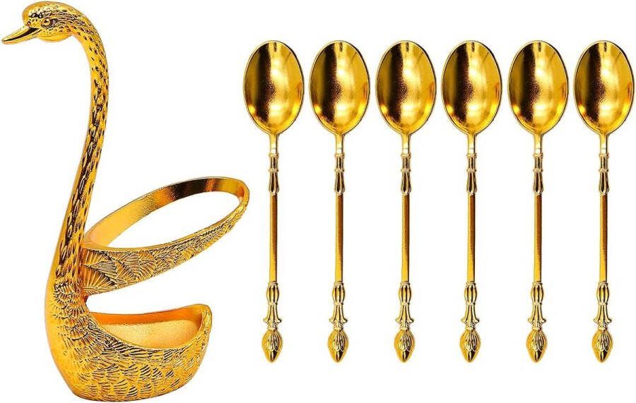 Koffielepel espressolepel 6 stuks kleine lepels van zinklegering gouden latte macchiato lepels dessertlepelset met decoratieve zwanenbasis houder voor koffie dessert roeren (lepel)