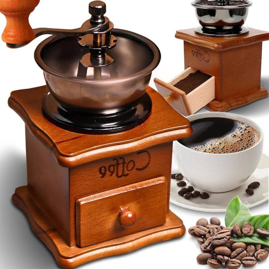 Koffiemolen bruin retro handmatige koffiemolen hout handslinger draagbaar antiek design espressomolen koffiebonen roestvrij staal
