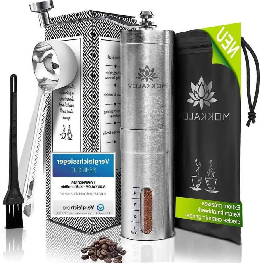 Koffiemolen Hand koffiemolen van roestvrij staal Met keramische maalwerk Traploze maalgraad instelling Geniale functies en recepten Handmatige espressomolen Incl. accessoires