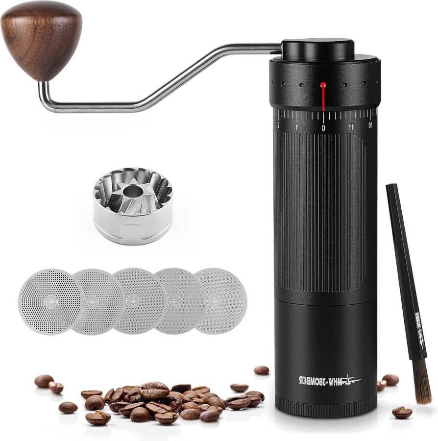 Koffiemolen Handmatige koffiemolen met 180 instelbare maalgraden roestvrijstalen koffiemolen- 48 mm slijpkern- 20 g magnetische poederopvangbak- 5 soorten droognetten