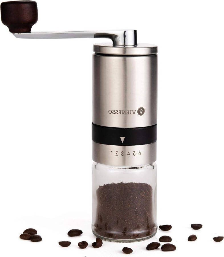 Koffiemolen met keramisch maalwerk handmatige koffie- en espressomolen 6 maalstanden roestvrij staal en glazen houder e-book (zilver)