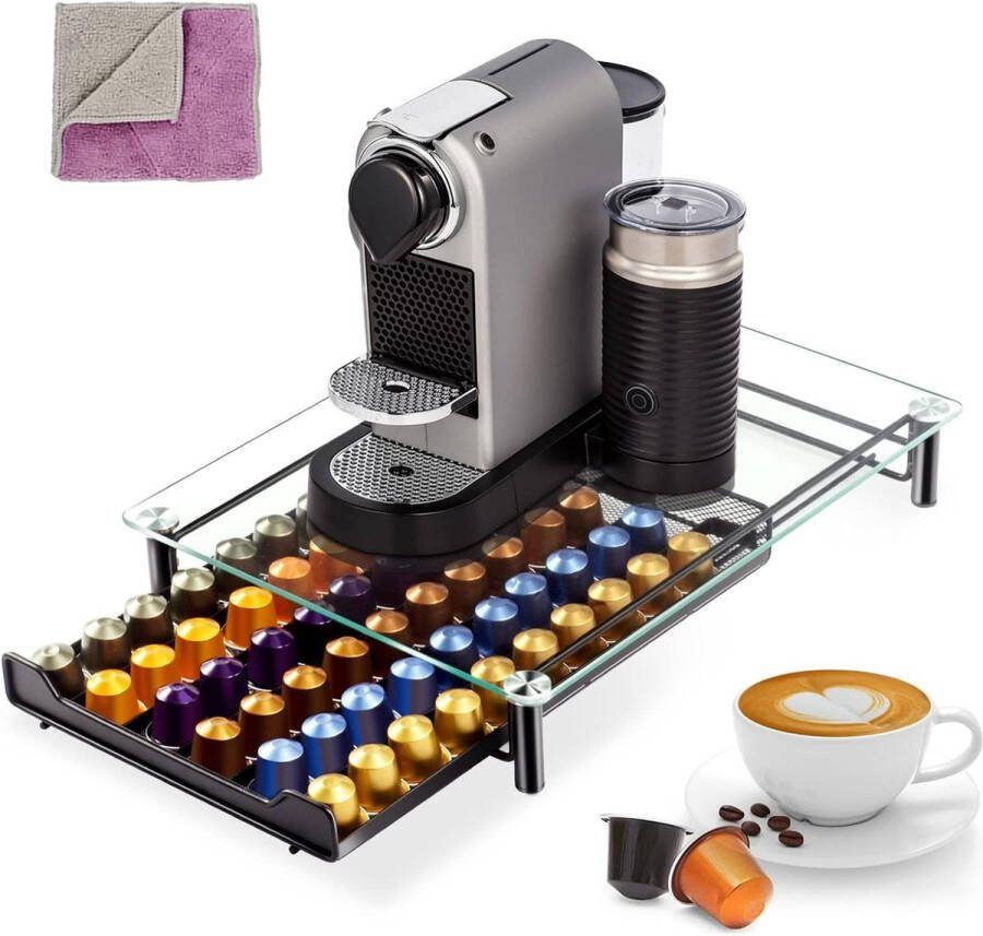 Koffiepads opslag 60 capsules lade machine standaard met gehard glas top capsules opberglade compatibel Nespresso anti-slip voeten en reinigingsdoek (metaal zwart) Coffee Capsule Holder