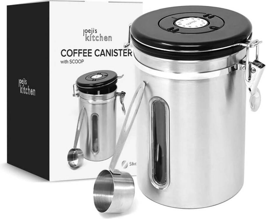 Koffiepot Luchtdicht 1.8L Roestvrijstalen Koffiebonencontainer Vacuüm Smaakzegel met Maatlepel Opbergblik voor Thee Cacao Houd Smaken Lang en Fris Zilver