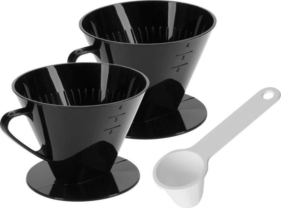 Koffieset 3-delig 2 koffiefilters Gr. 4 en koffiedoseerlepels kunststof zwart wit