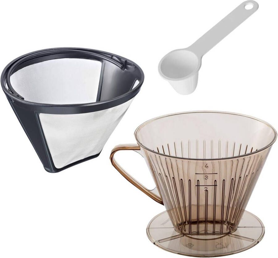 Koffieset 3-delig permanente filter koffiefilter Gr. 4 + doseerlepel roestvrij staal kunststof koffie transparant wit zilver zwart