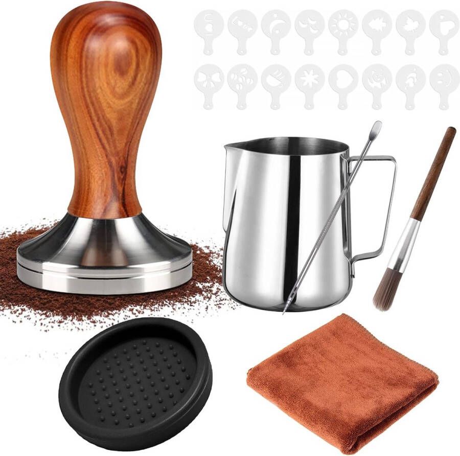 Koffiestamper Espresso Tamper Koffie tamper set van 51 mm koffiestamper van roestvrij staal Espresso Koffiepers melkkannetje (350 ml) koffiestempel koffienaald L:13 cm handdoek