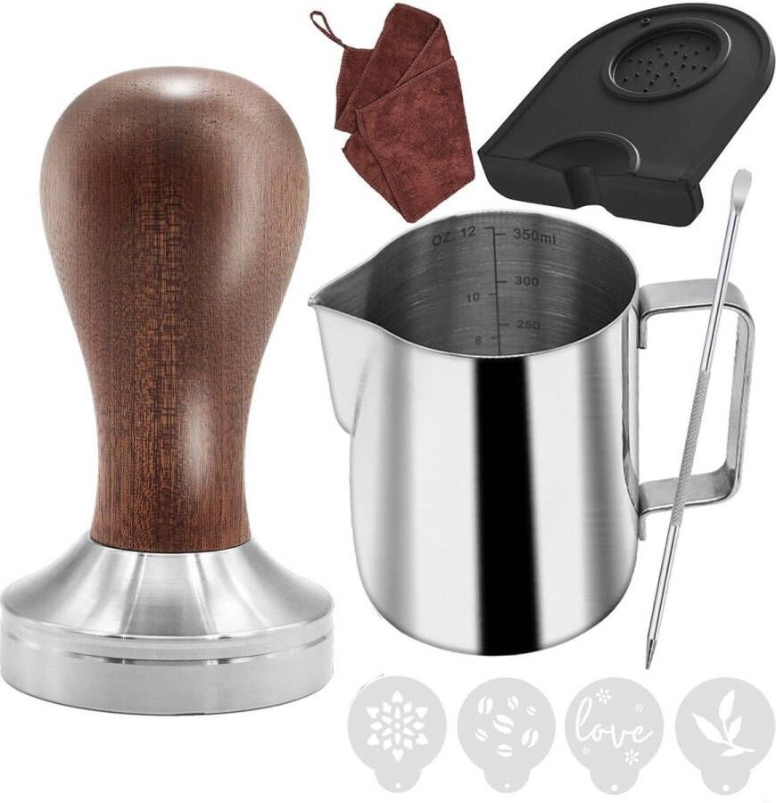 Koffiestamperset 51 mm 304 roestvrij staal basis houten handvat zeefdragermachine accessoires espresso tamper met tampermat melkkannetje (350 ml) barista handdoek