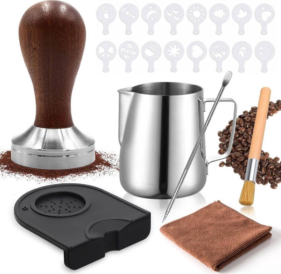 Koffiestamperset 51 mm espresso tamperset 22 stuks koffiestamper van roestvrij staal bevat espresso koffiedrukker plank 350 ml melkkannetje 16 koffiesjablonen reinigingsborstel koffiemeelpers