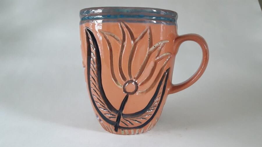 Koffie theekopje mok beker 230ml blauw geel en rood moderne mok met patroon ander design thee koffiekopje servies aardewerk keramiek handgemaakt handgeschilderd vaderdagcadeau verjaardagscadeau