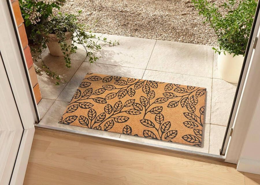 Kokos deurmat voor binnen en buiten 45 x 75 cm voetmat kokosmat vuilvangmat bloemenbladeren design weerbestendig antislip voor entree en buiten natuur