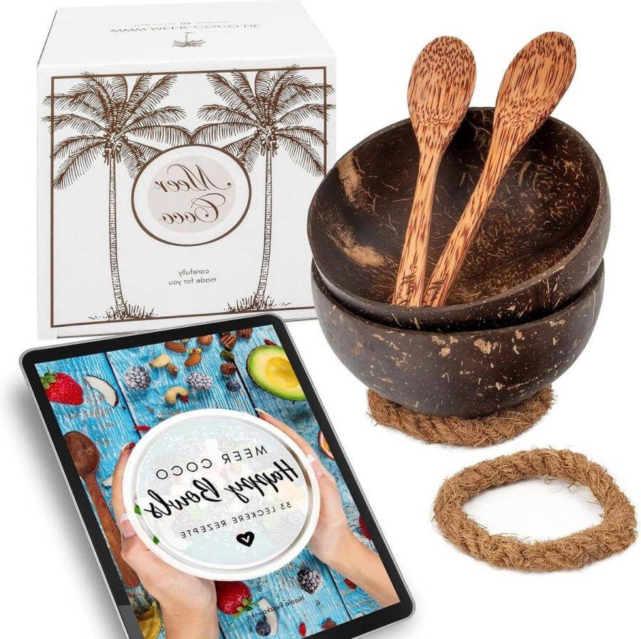 Kokosnootschaal set van 2 Met 33 recepten e-book kokosschalen houten lepel onderzetter Ideaal voor Acai Muesli Ontbijt Smoothie Bowl Boeddha kom Bamboo bowl