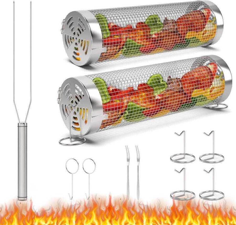 Kolenmand Rollende Grillmandset Draagbaar Rooster BBQ-accessoires Vlees Vis Groenten Roestvrij Staal Geschenkmand Camping Outdoor Grillen Kolenmand