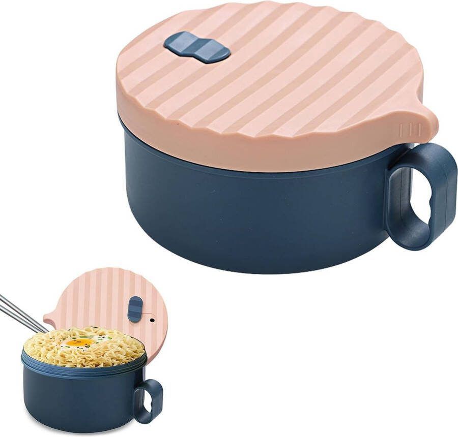Kommenset roestvrijstalen ramenkom met eetstokjes 1200 ml Japanse soepkom raamkom met deksel instant kom voor pasta bento lunch (poederblauw)