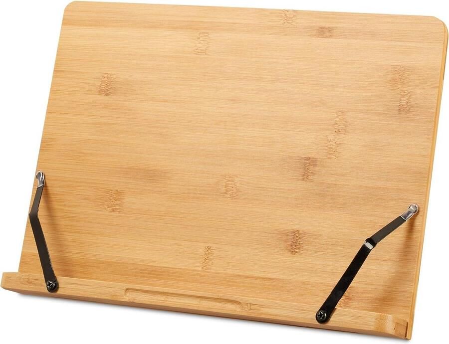 Kookboekstandaard bamboe verstelbaar 6 standen inklapbaar 2 klemmen voor papier HBD: 24x34x21 cm natuur Relaxdays book stand