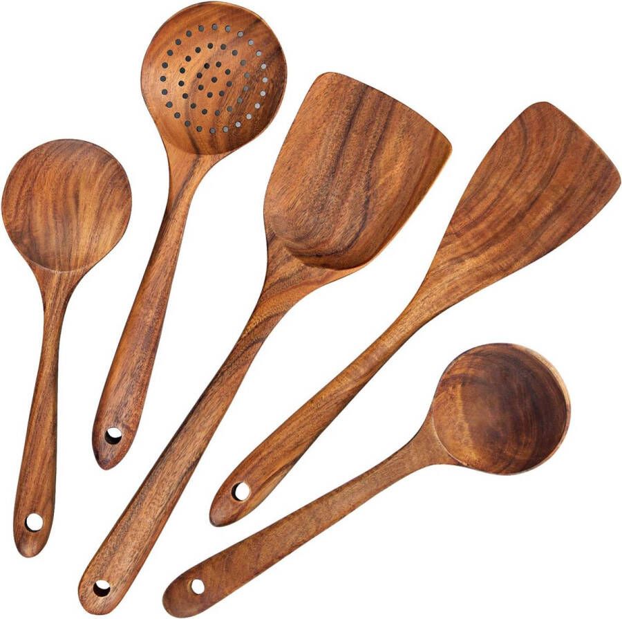 Kookgerei houten kooklepel kookgerei 5 stuks kookgereiset van hout in Japanse stijl krasbestendige set inclusief houten spatellepel voor pannen met antiaanbaklaag