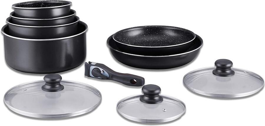 Kookgerei Set Inductiepannenset All-Heat Pot en Pan Set Steencoating Kookgerei Set met Afneembaar Handvat 10 Stuks