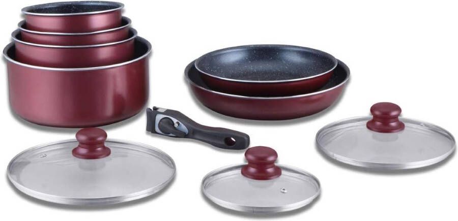 Kookgerei set – Inductieset – pan en pan voor alle warmtebronnen – kookset van steencoating met afneembare greep HG-5000 bordeauxrood