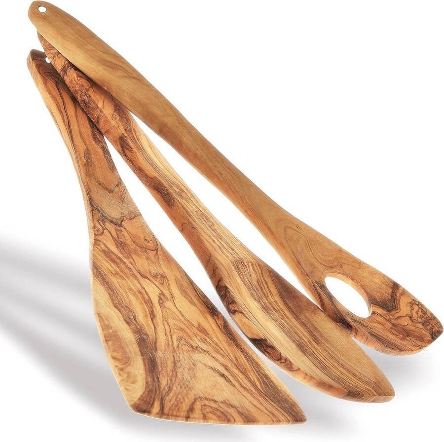 Kooklepel hout set van 3 kooklepel van olijfhout handgemaakt natuur houten kooklepel houten lepel met gat en spatel 100% olijfhout