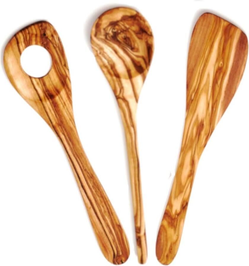 Kooklepel olijfhout set van 3 kooklepel van hout handgemaakt natuur houten kooklepel houten lepel met gat en spatel riottrolepel