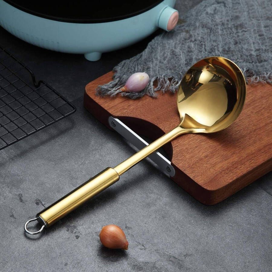 Kooklepel roestvrijstalen gouden soeplepel met titanium coating metalen pollepel voor koken gouden keuken pollepel