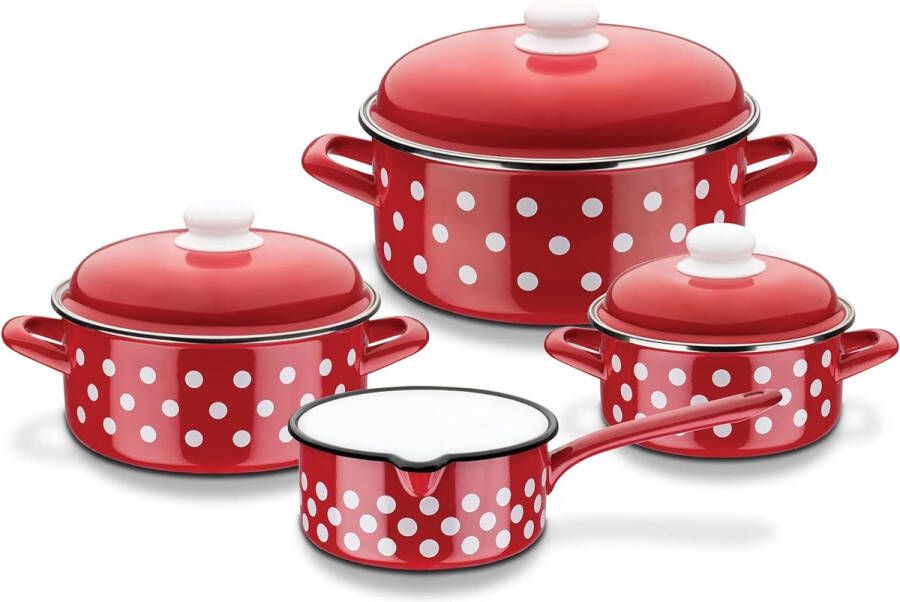 Kookpannenset stippen hoogwaardige pannenset bestaande uit 3 potten en 1 braadpan incl. deksel ook voor inductie – staal emaille rood wit 7-delig kunststof 30 cm 7