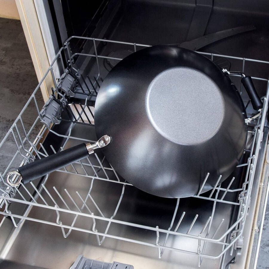 Koolstofstaal Niet Plakken Wok 35cm Excellence Geschikt Voor Inductiekookplaten-Metalen Keukengerei Vaatwasmachinebestendig 2 Jaar Garantie Professionele Kookpan