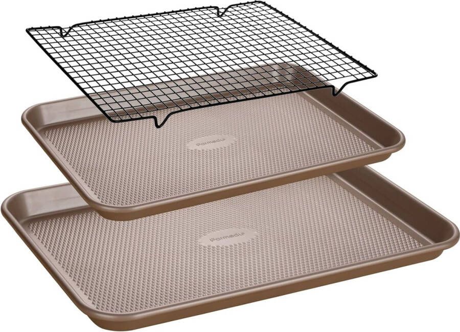 Koolstofstalen bakplaatset met anti-aanbaklaag: bakplaat set met ruitstructuur en organische siliconen coating 2 bakplaten met antiaanbaklaag (44 5 x 32 cm 39 5 x 27 cm) + rooster