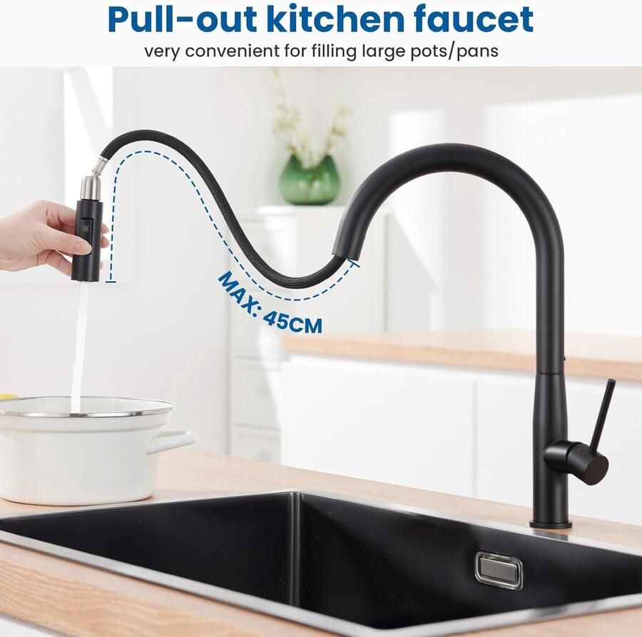 Kraan keuken zwart hogedruk keukenkraan met douche uittrekbaar zwart armatuur keuken roestvrij staal mengkraan keuken met hoge uitloop